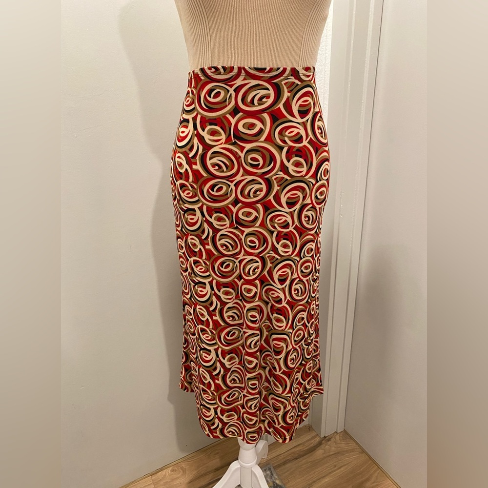 VTG 90s Y2K Charlotte Russe Mid-Length Red & Tan Swirl Patterned Skirt - M - Picture 3 of 13